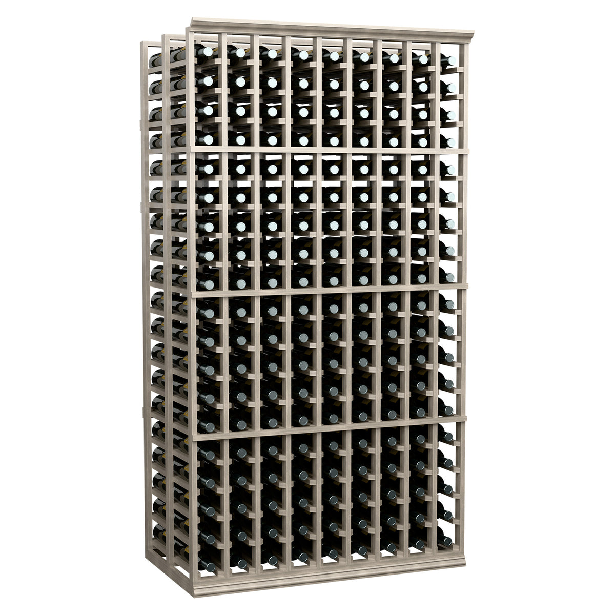 Double deep wine bottle rack with 9 columns, bottles stored in a front panel view.