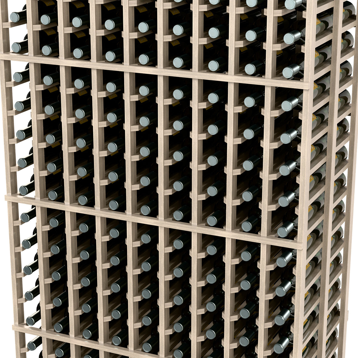 Close-up view of wine bottle rack rows and bottle neck openings.