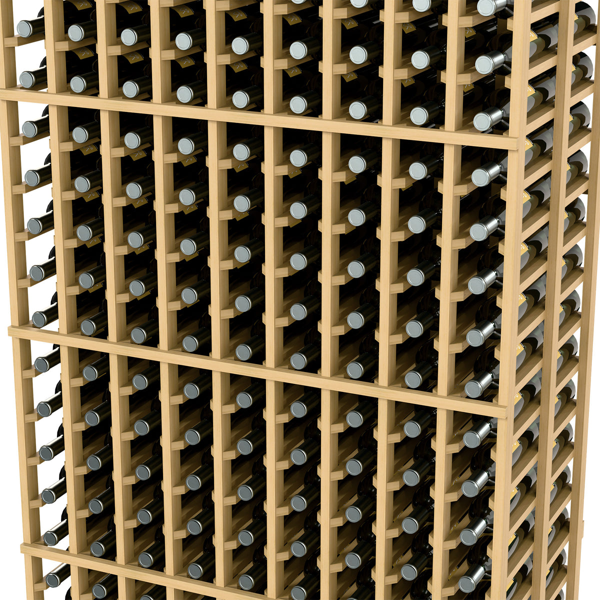 Close-up of wine bottle rack structure with evenly spaced bottle compartments.