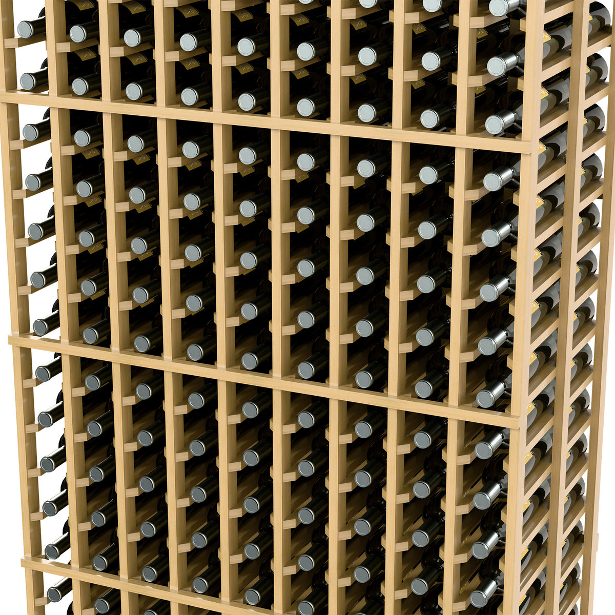 Close-up of bottle rack grid with wine bottles nested in rows and columns.