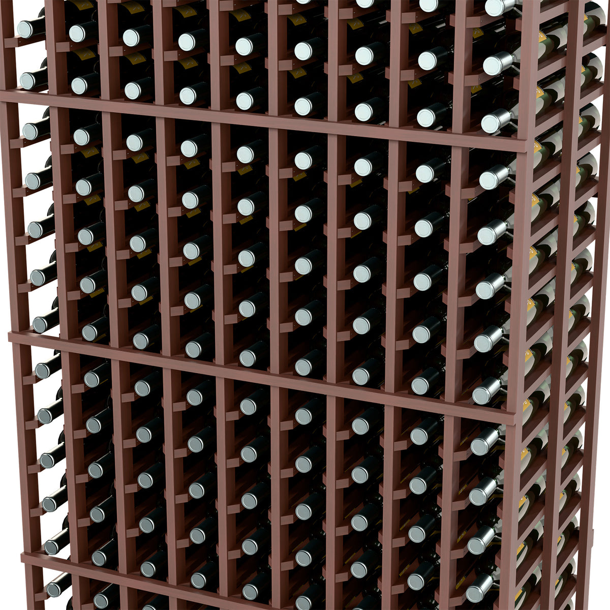 Close-up of double deep wine bottle rack with bottles seated in compartments.