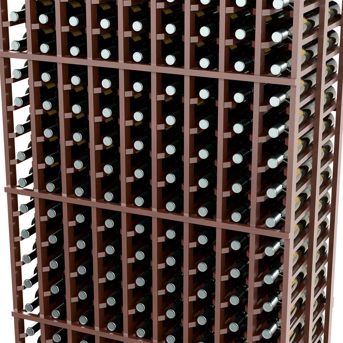 Close-up of dark wood wine bottle rack showing bottle slots and dividers