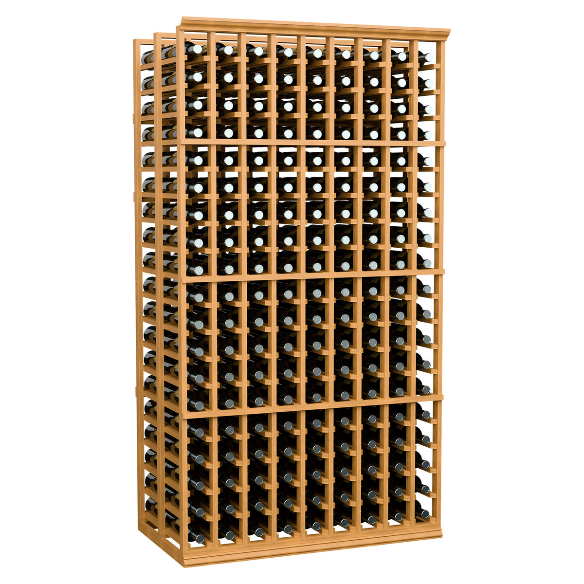 6-foot double-deep wine bottle rack with light wood grid and bottle slots