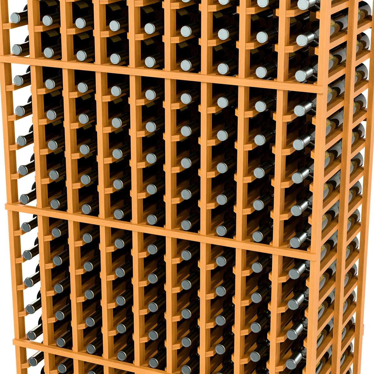 Close-up of light wood wine bottle rack showing bottle slots and dividers