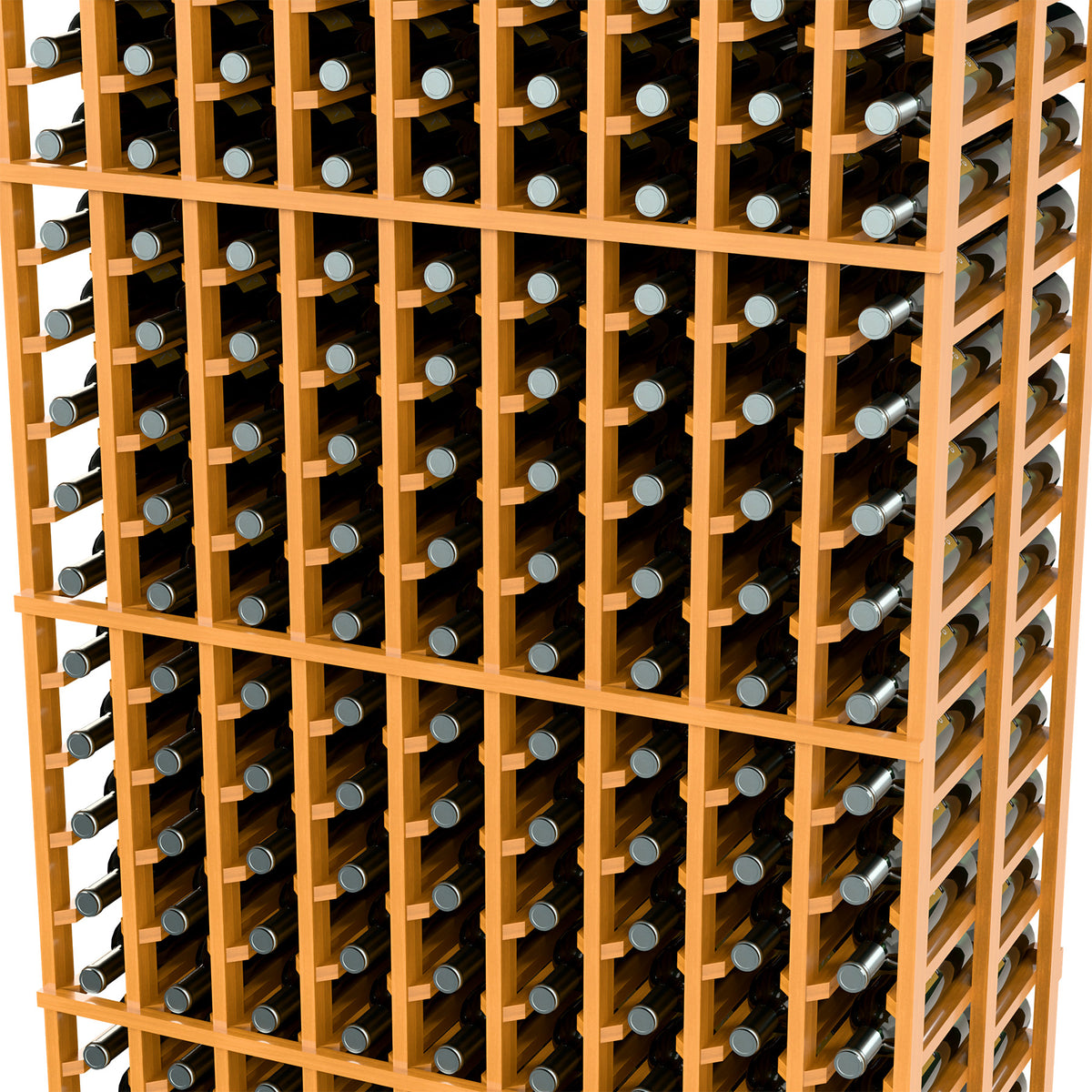 Close-up of honey-toned wood wine bottle rack showing bottle slots and dividers