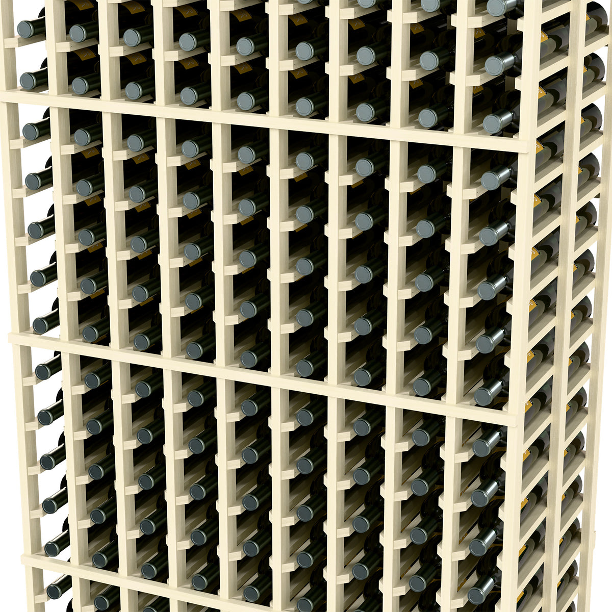 Close-up of white wine bottle rack showing bottle slots and dividers