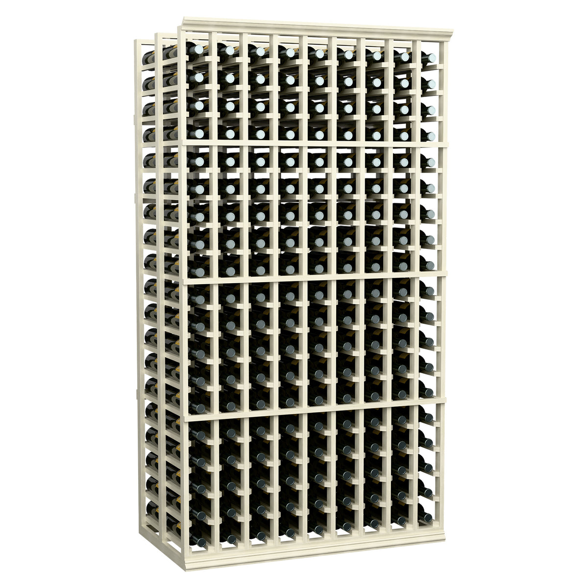 Wine bottle rack with white frame, double-deep bottle slots, and front grid