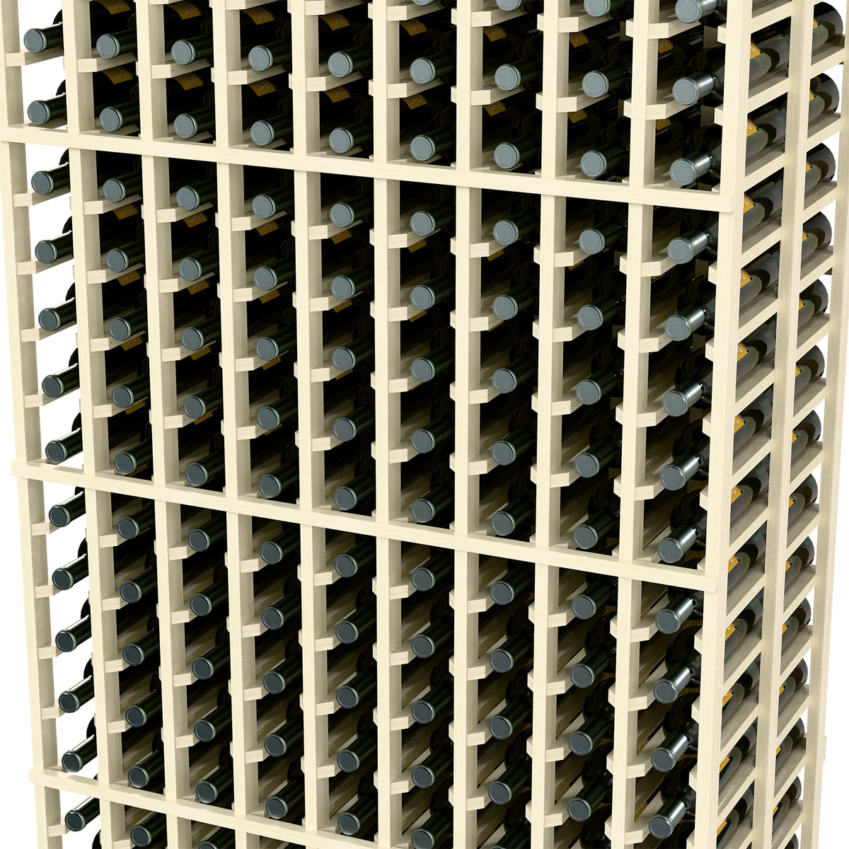 Close-up of white wine bottle rack showing bottle slots and vertical dividers