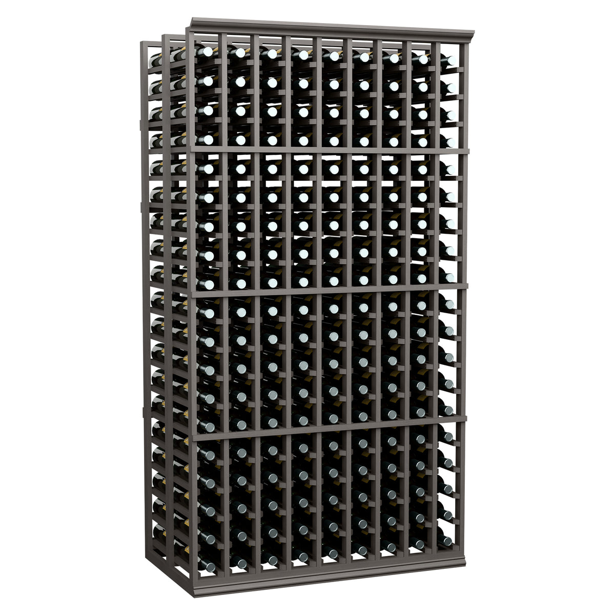 Double-deep wine bottle rack with dark frame and front slot grid