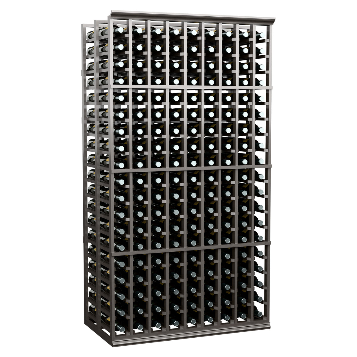 Dark wine bottle display rack with two-sided bottle slots and frame grid