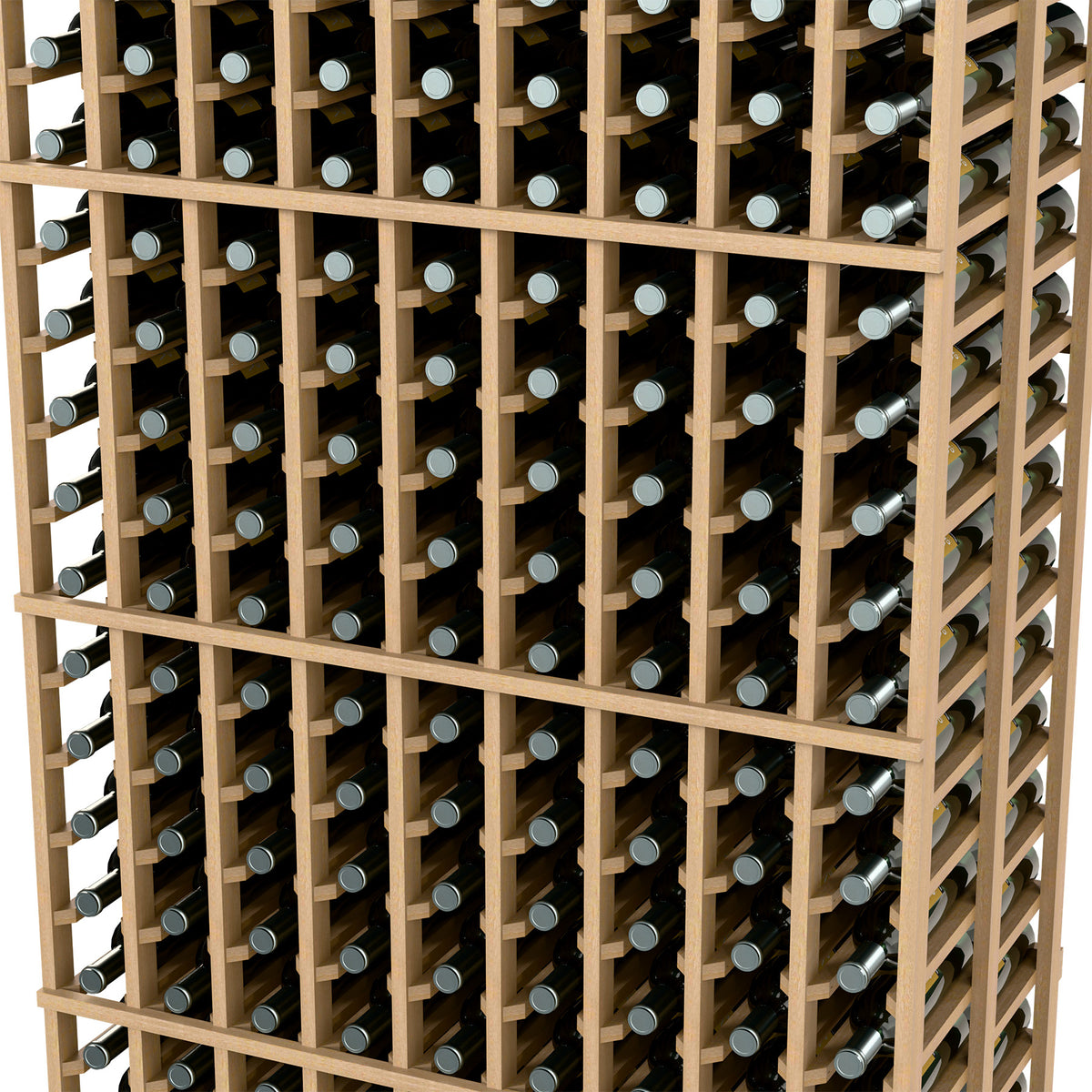 Close-up of light tan wine bottle rack grid with stacked bottle slots