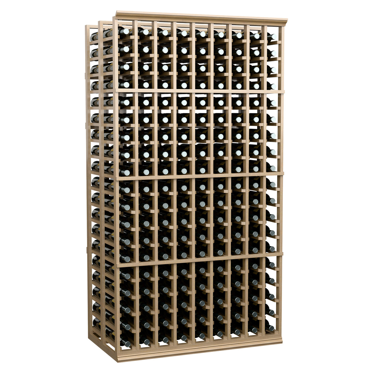 Wine bottle rack with light wood frame and front crisscross supports, holding bottles
