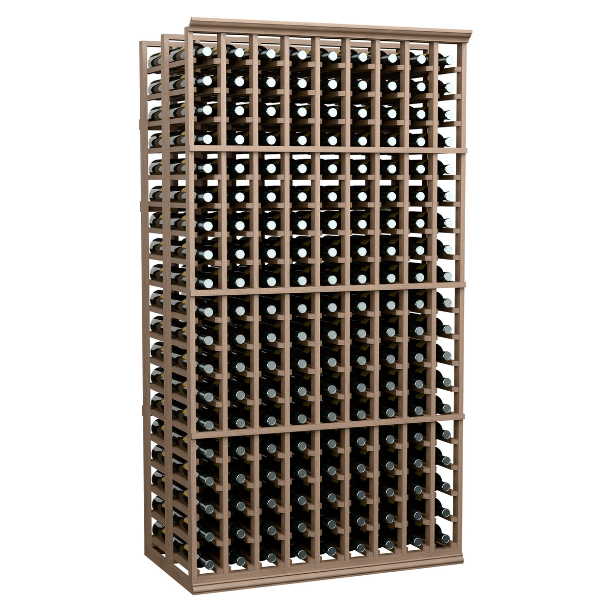 Wine bottle rack with light wood frame, front panel of bottles and crossbar supports