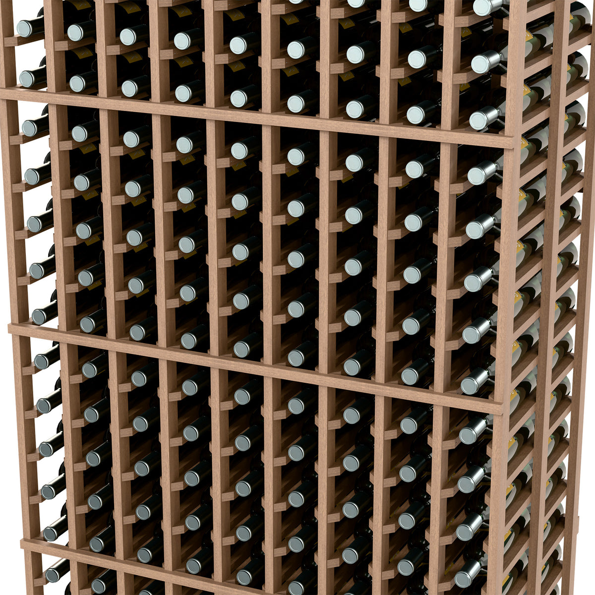 Wine bottle rack close-up showing light wood lattice with rows of bottles
