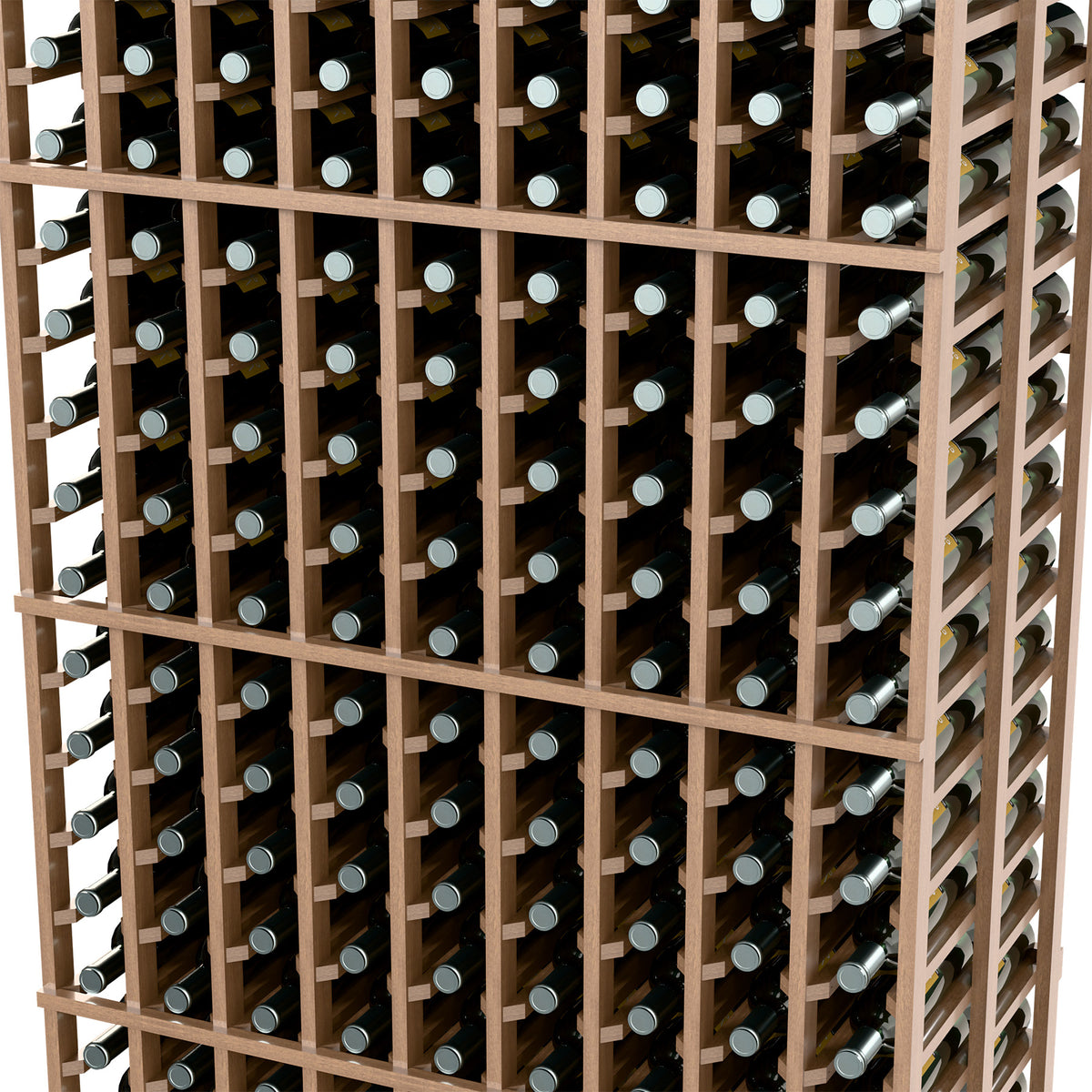 Wine bottle rack close-up with light wood bars and stacked rows of bottles