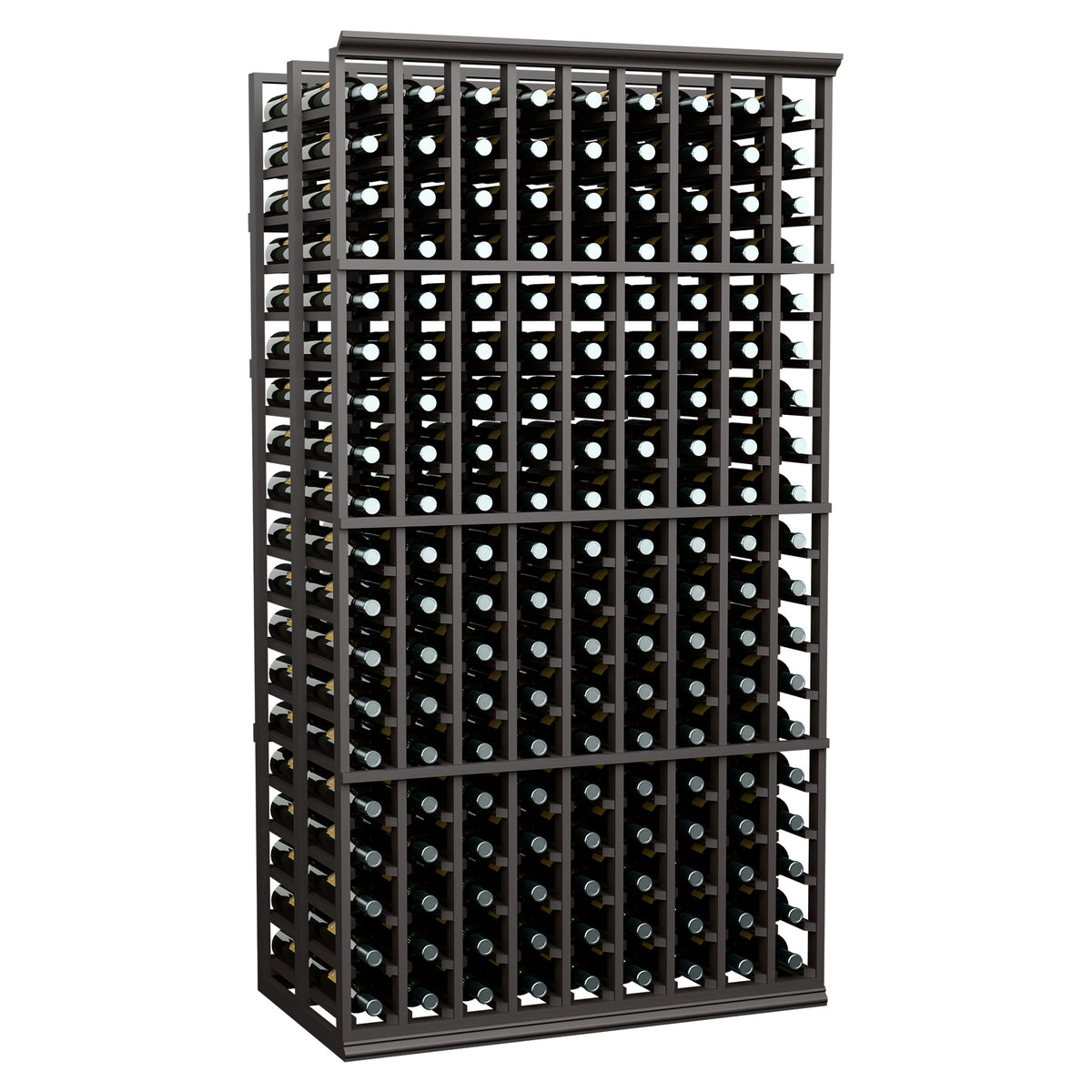 Wine bottle rack with dark frame and front rows of bottles held in a grid