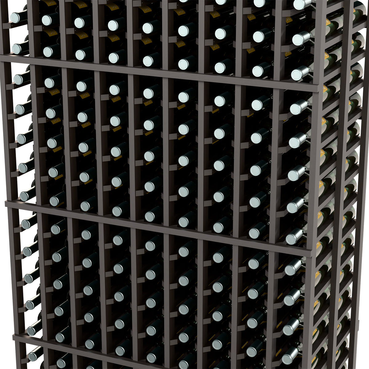 Wine bottle rack close-up with dark wood lattice and evenly spaced bottle necks