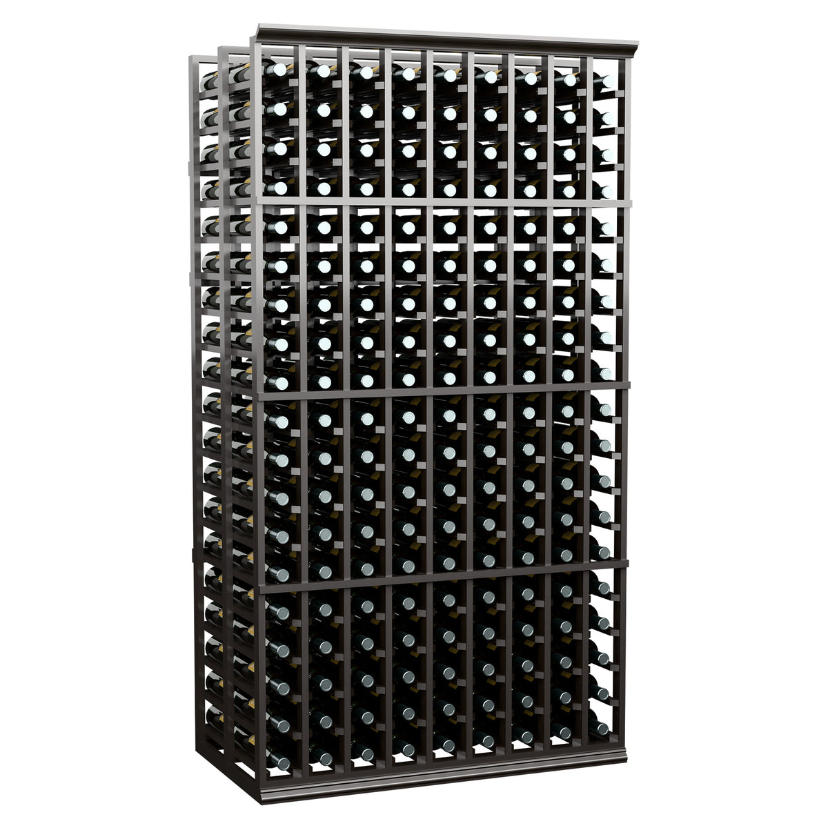 Wine bottle rack with dark frame, front bottle storage grid with crossbar supports