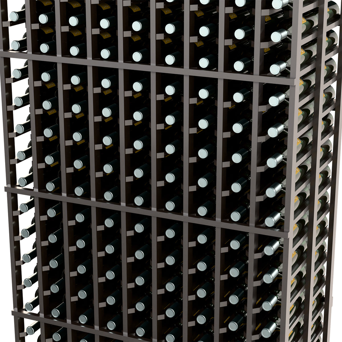 Wine bottle rack close-up showing dark wood bars with multiple rows of bottles