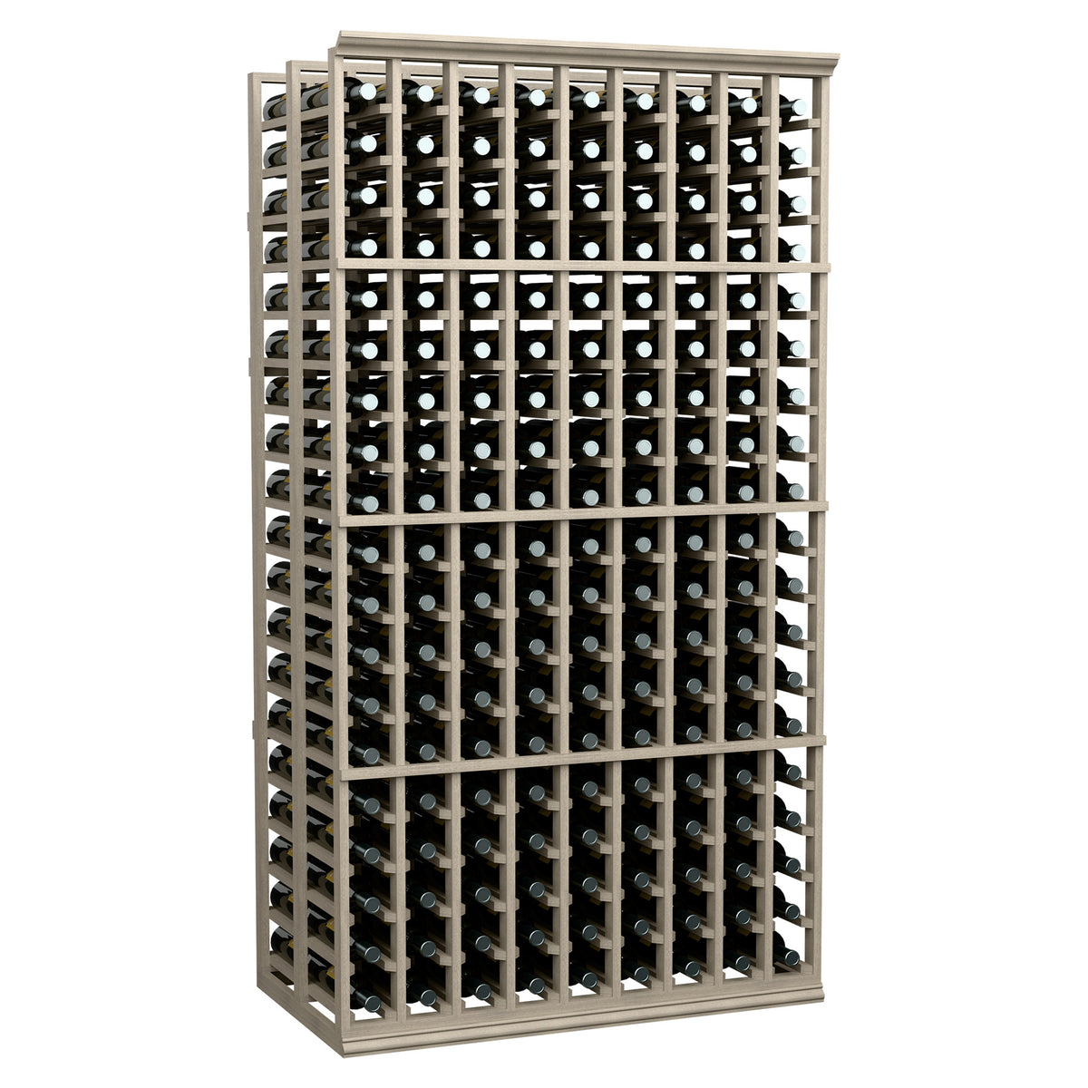 Double-deep wine rack with 9 columns, light gray frame holding wine bottles in rows.