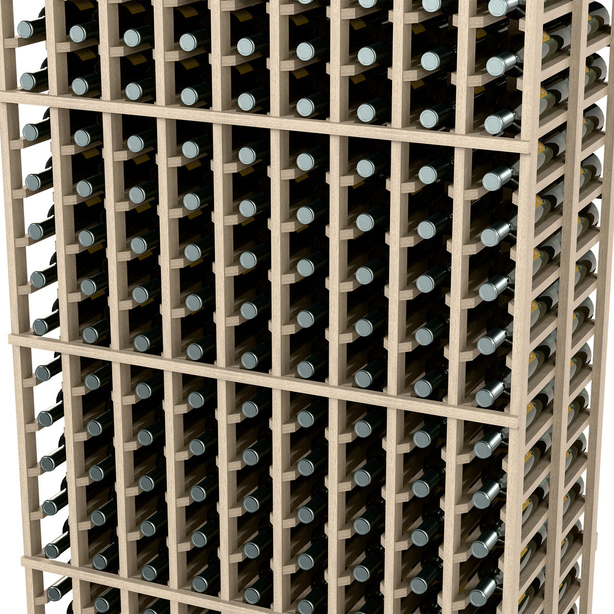Wine rack grid with bottle slots; light wooden frame and dark bottle necks visible.