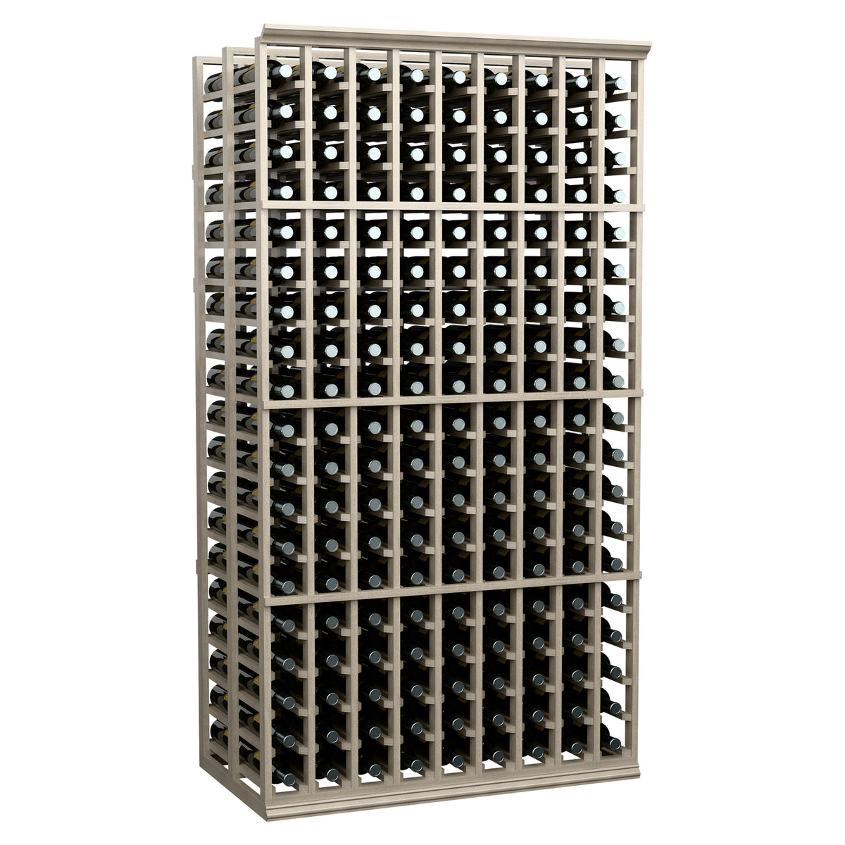 Double-deep wine rack with 9 columns, light gray frame and bottle storage compartments.