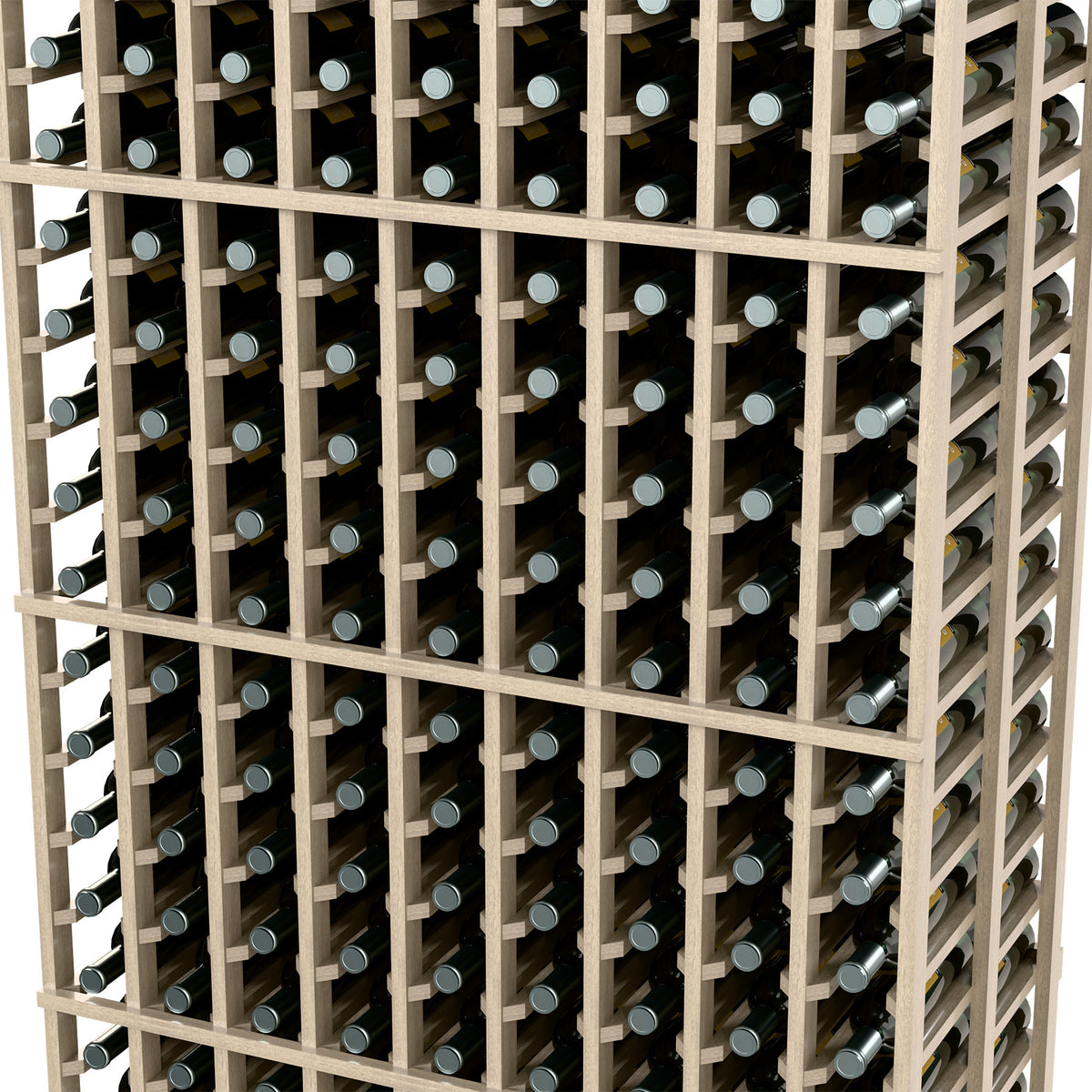 Close-up of wine rack compartments with bottle slots and pale wood dividers.