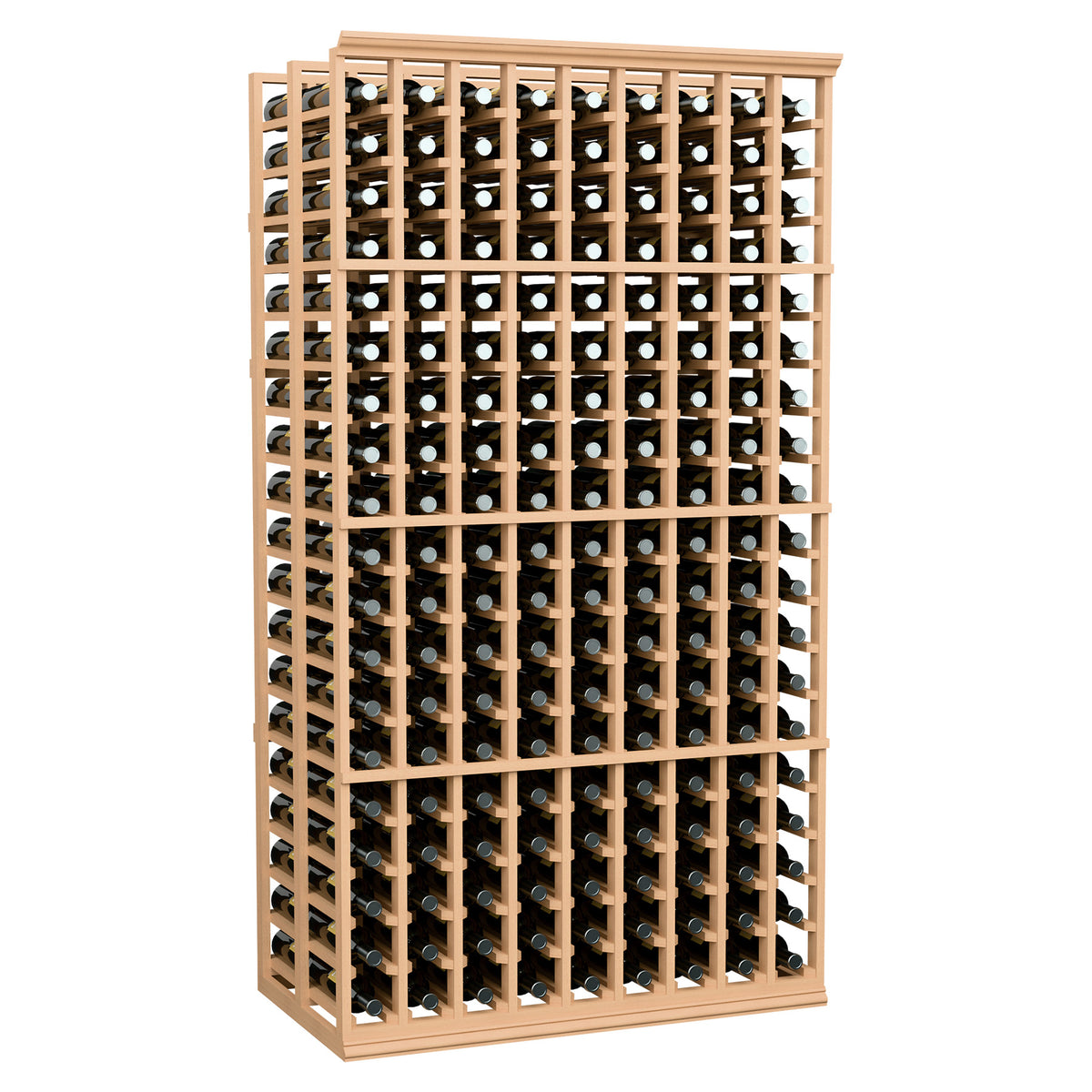 Double-deep wine rack with 9 columns, light wood frame holding wine bottles in rows.