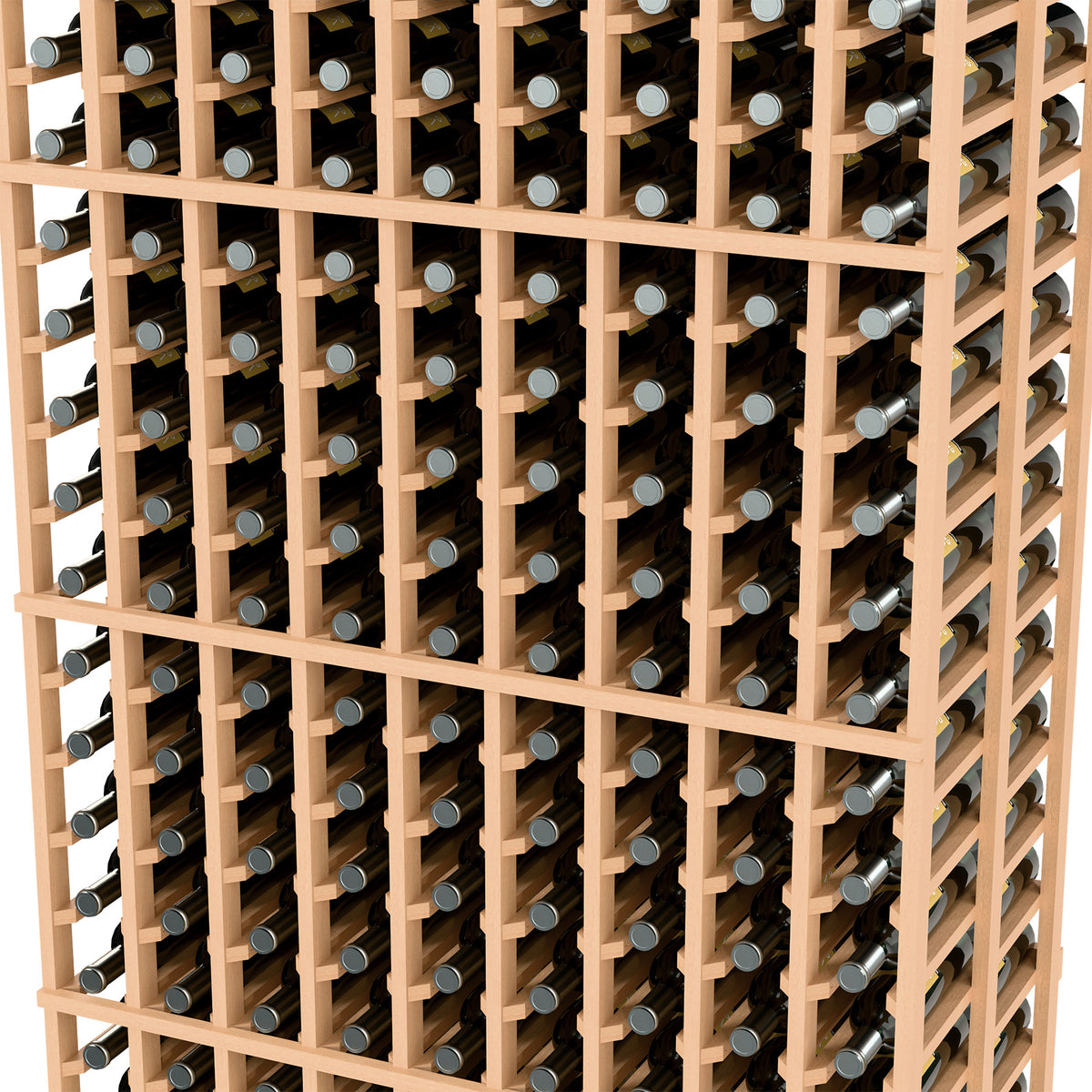 Wine rack grid with bottle slots; light wood frame holding wine bottles.
