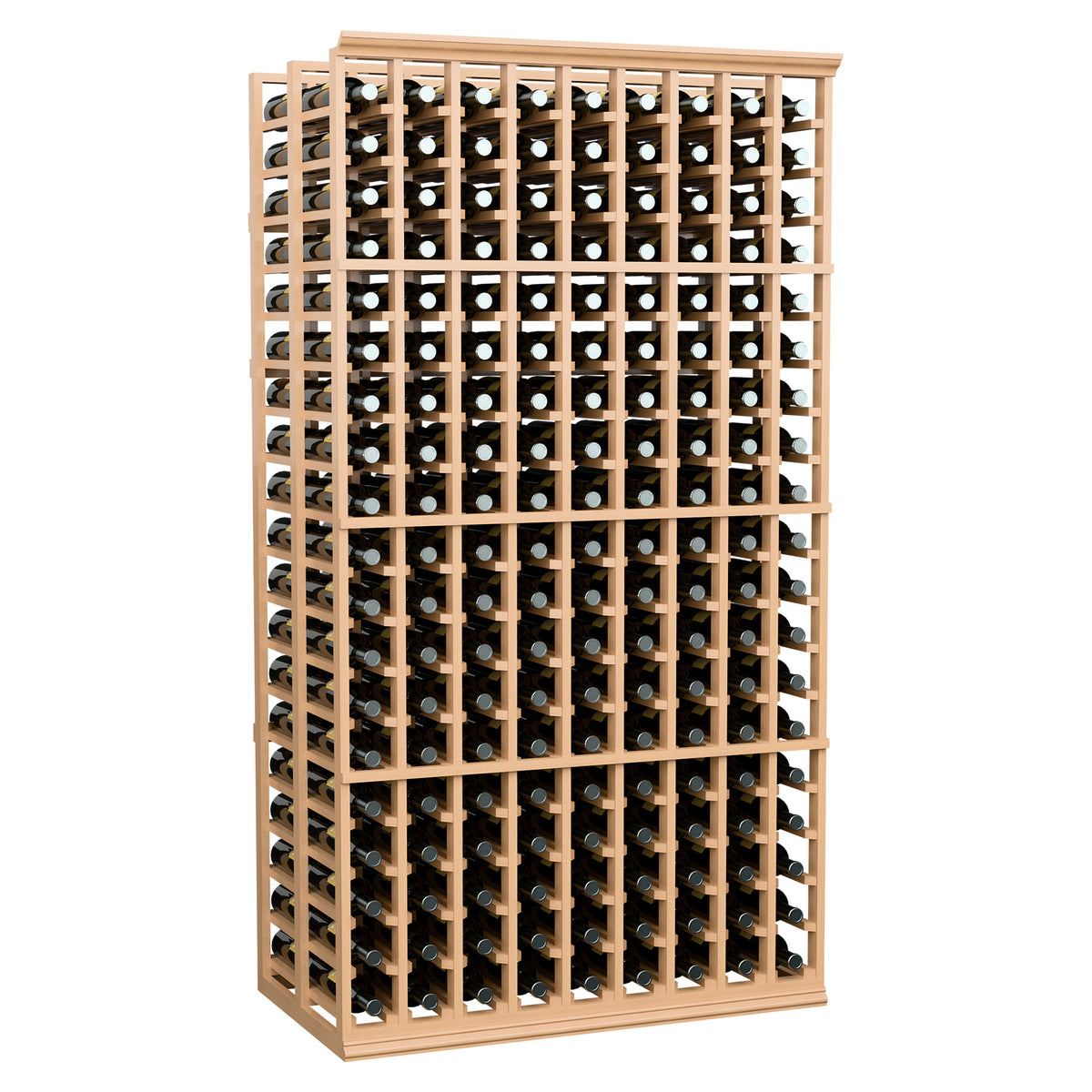 Double-deep wine rack with 9 columns, light wood frame with bottle storage compartments.