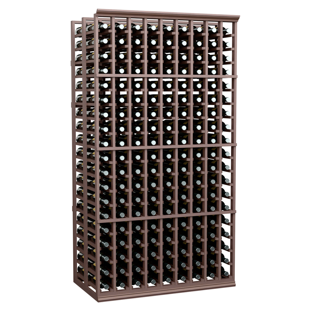 Double-deep wine rack with 9 columns, dark wood frame holding wine bottles in rows.