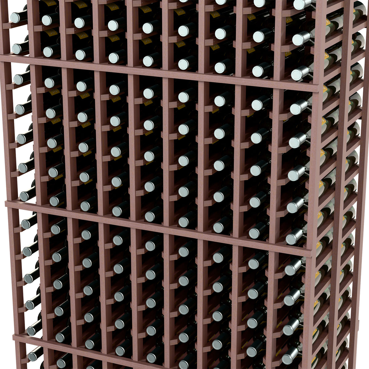 Wine rack grid close-up with dark wood frame and bottles stored in slot rows.