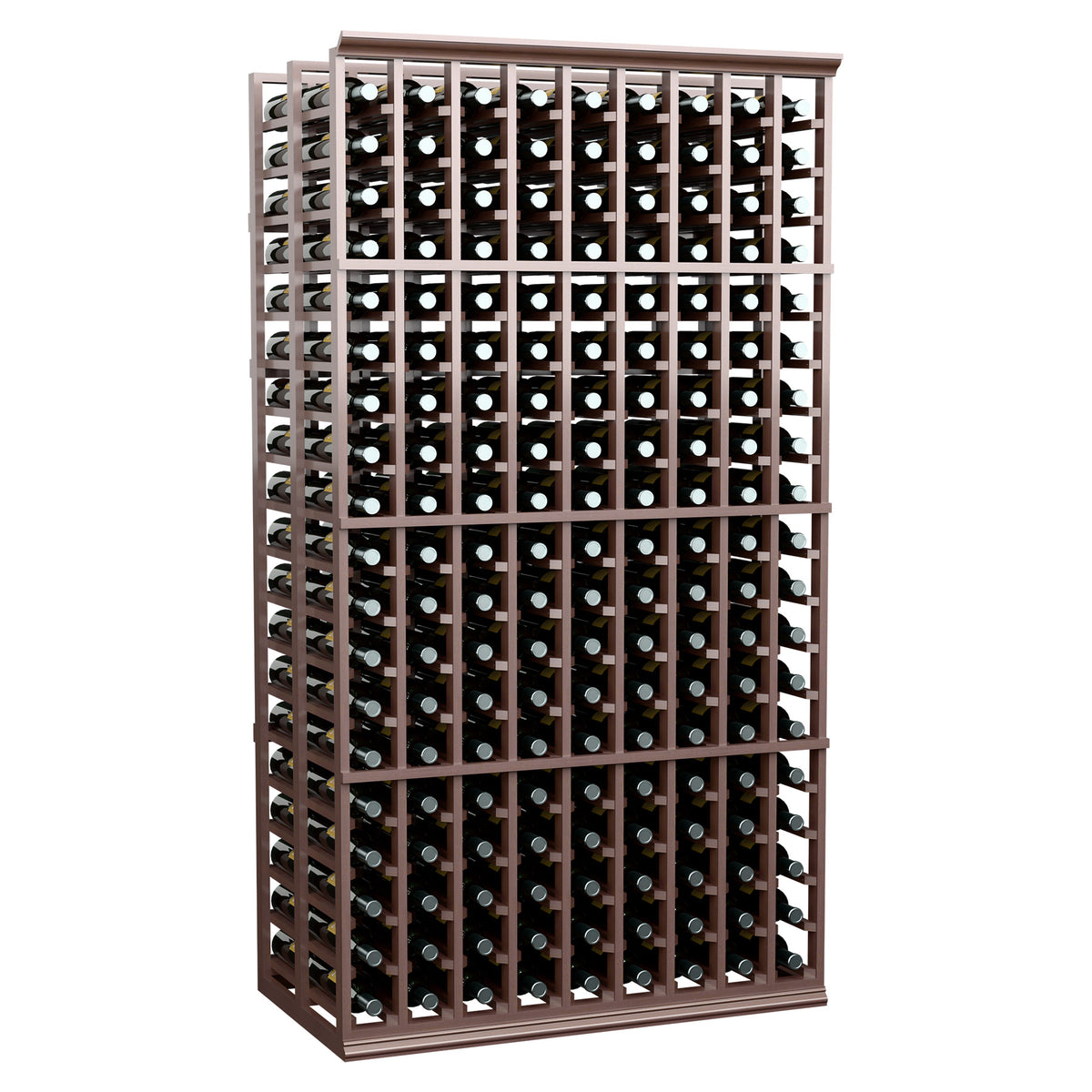 Dark wood wine bottle rack, double-deep with 9 columns and individual slots