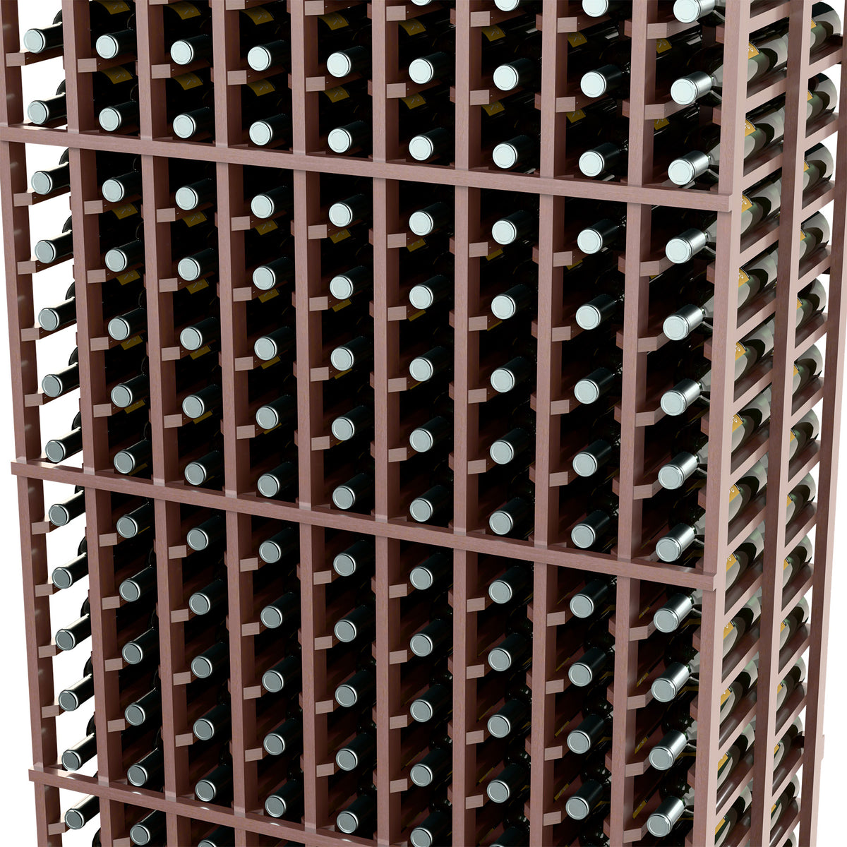 Close-up of dark wood wine rack showing bottle cradles in a 9-column grid