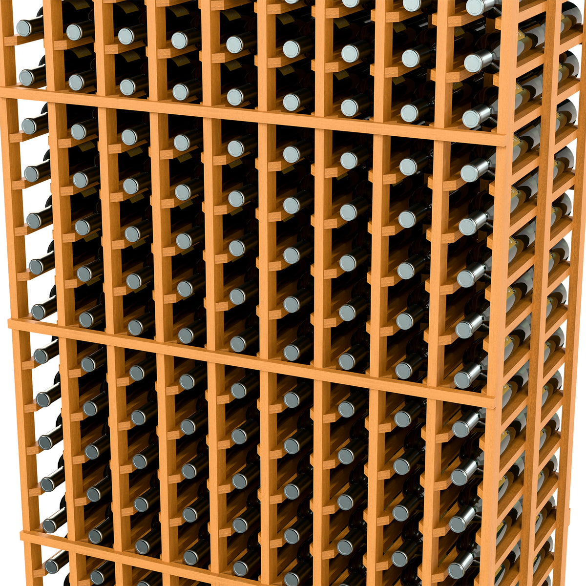 Close-up of light wood wine rack grid with bottle cradles in 9 columns