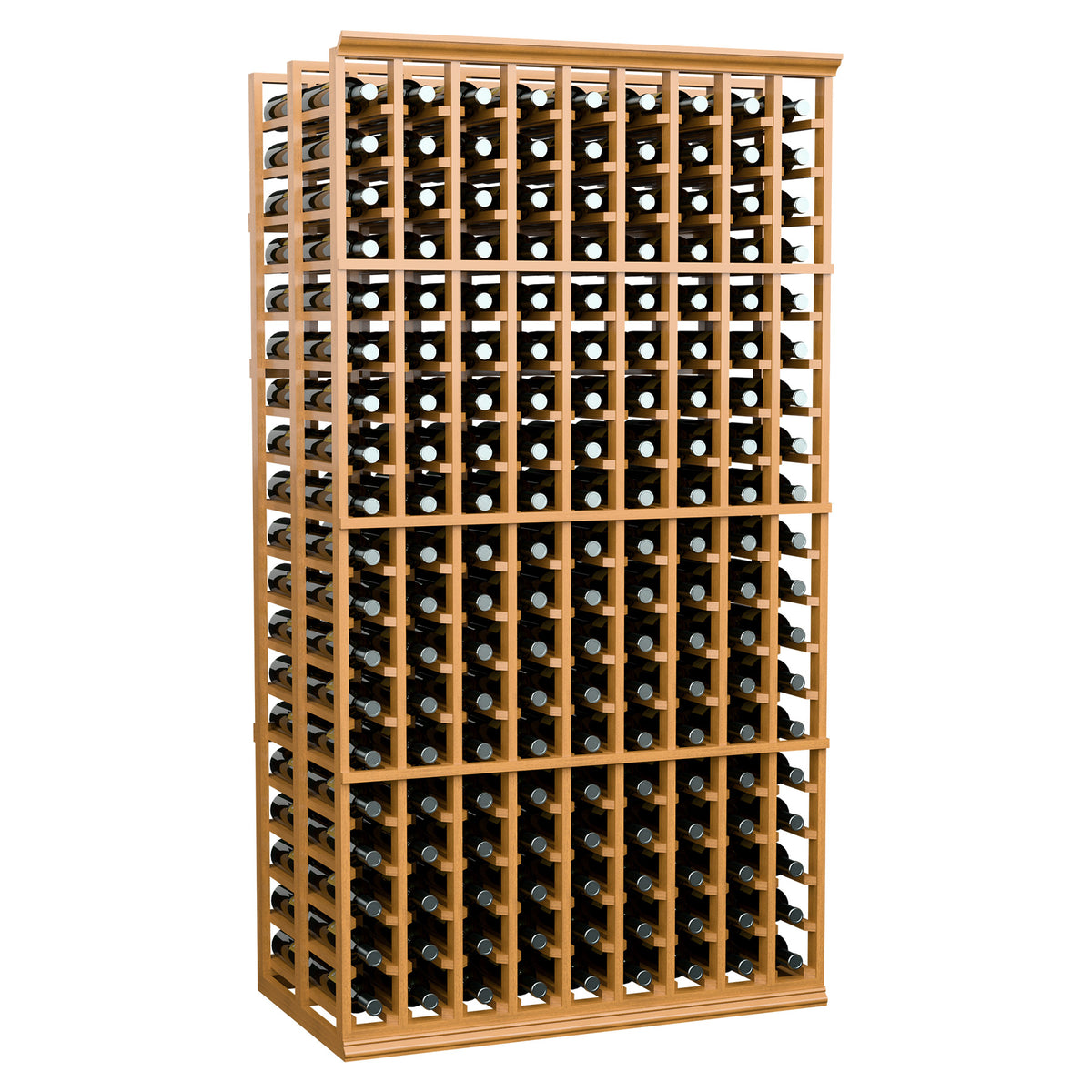 Light wood double-deep wine bottle rack with 9 columns of bottle holders