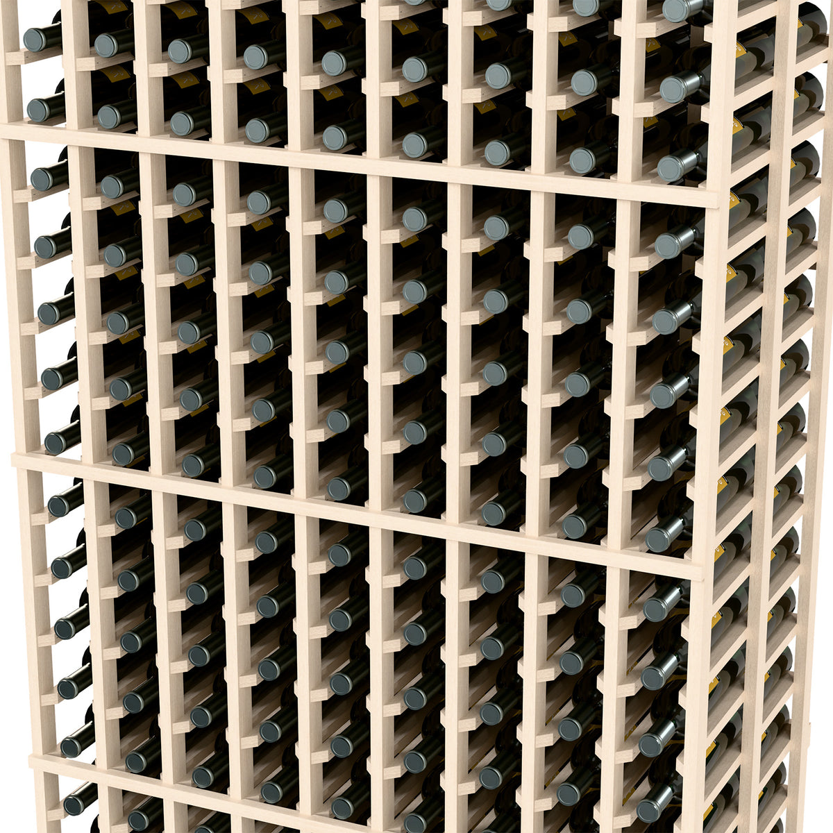 Close-up of white wine rack grid showing bottle cradles in a 9-column frame
