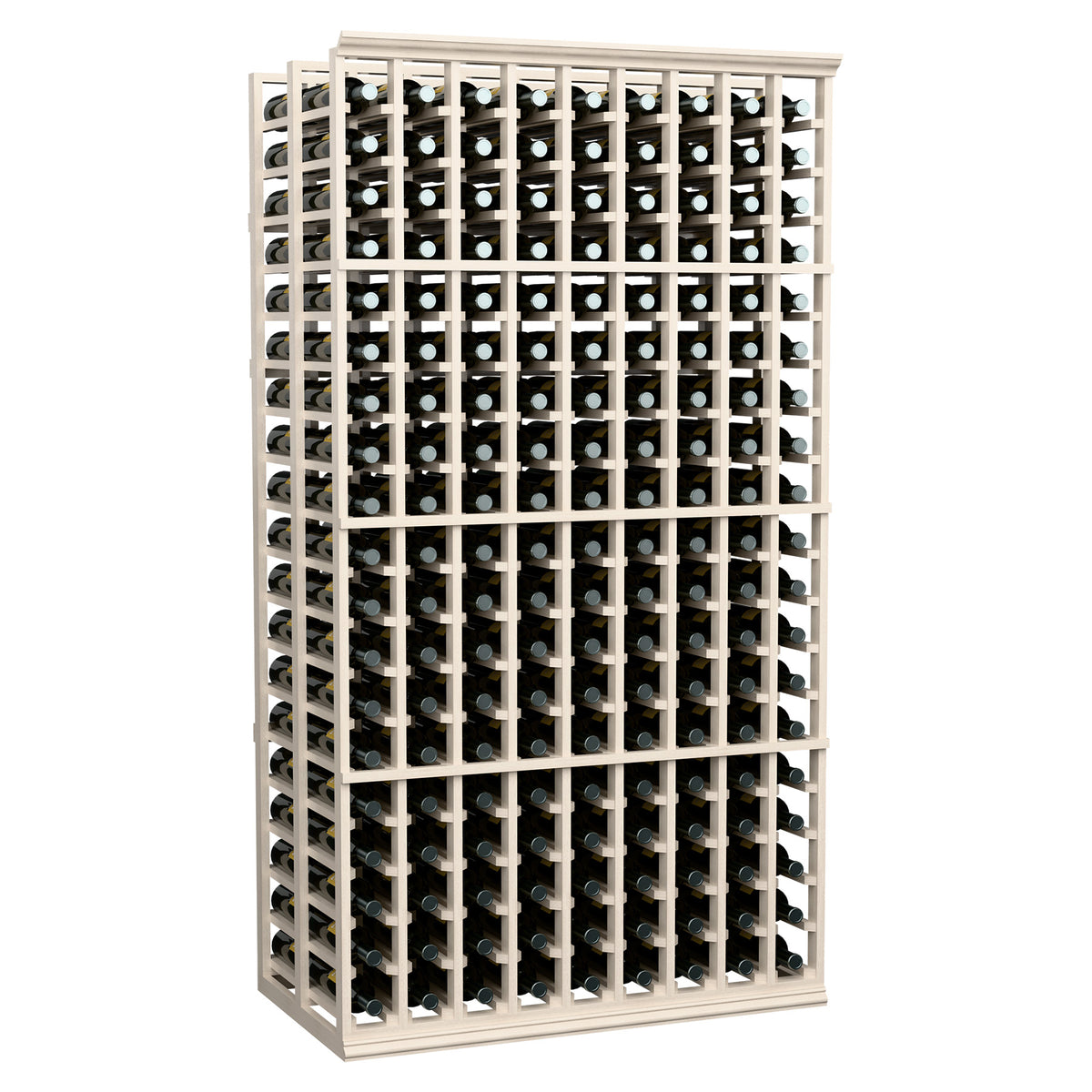 White double-deep wine bottle rack with 9 columns and rows of bottle holders