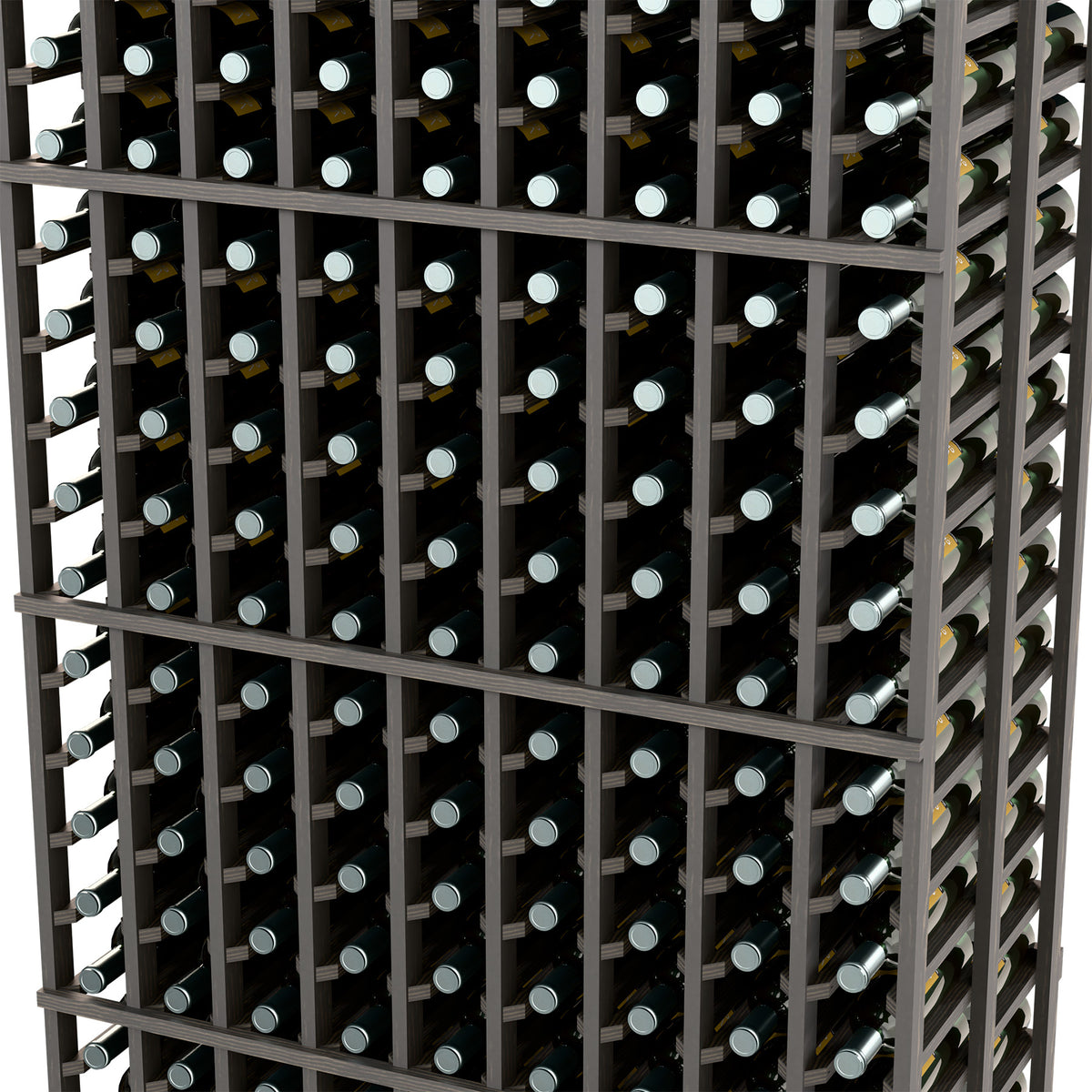 9-column double-deep wine rack close-up, dark frame with bottle rows