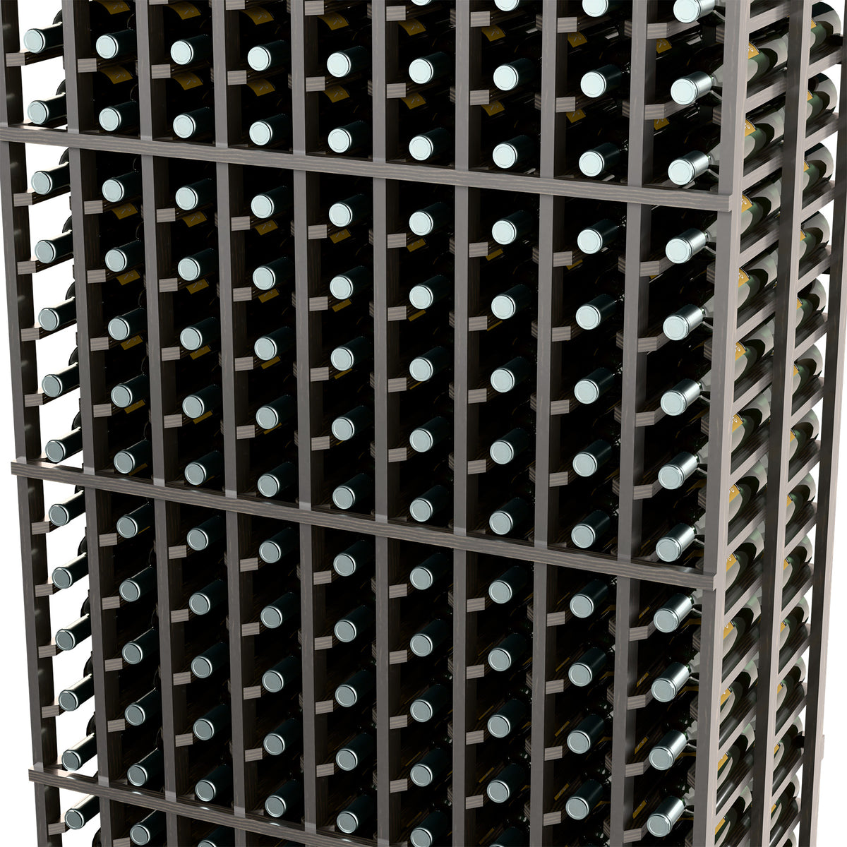9-column double-deep wine rack close-up, dark dividers and bottle positions