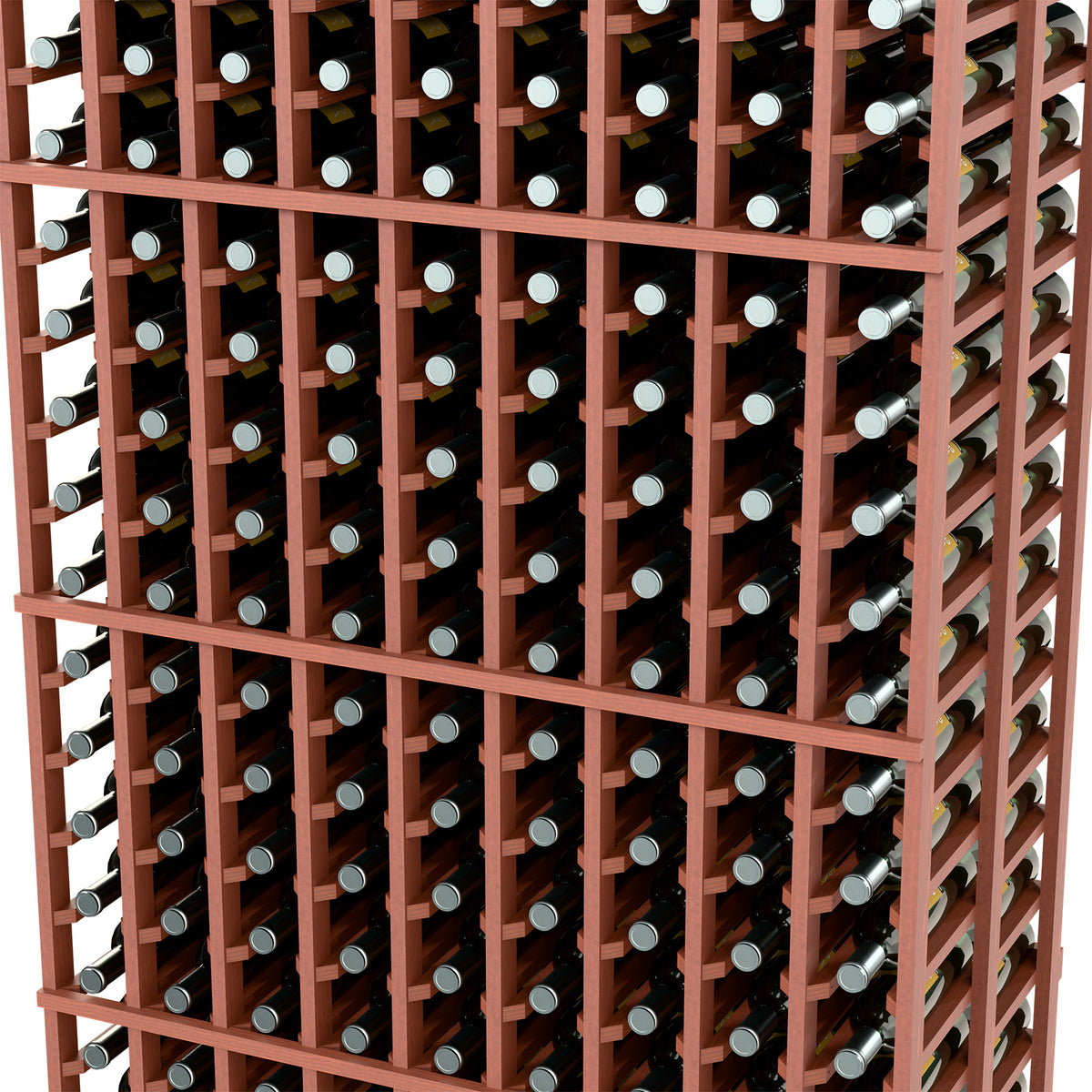 9-column double-deep wine rack close-up, reddish-brown dividers and bottles