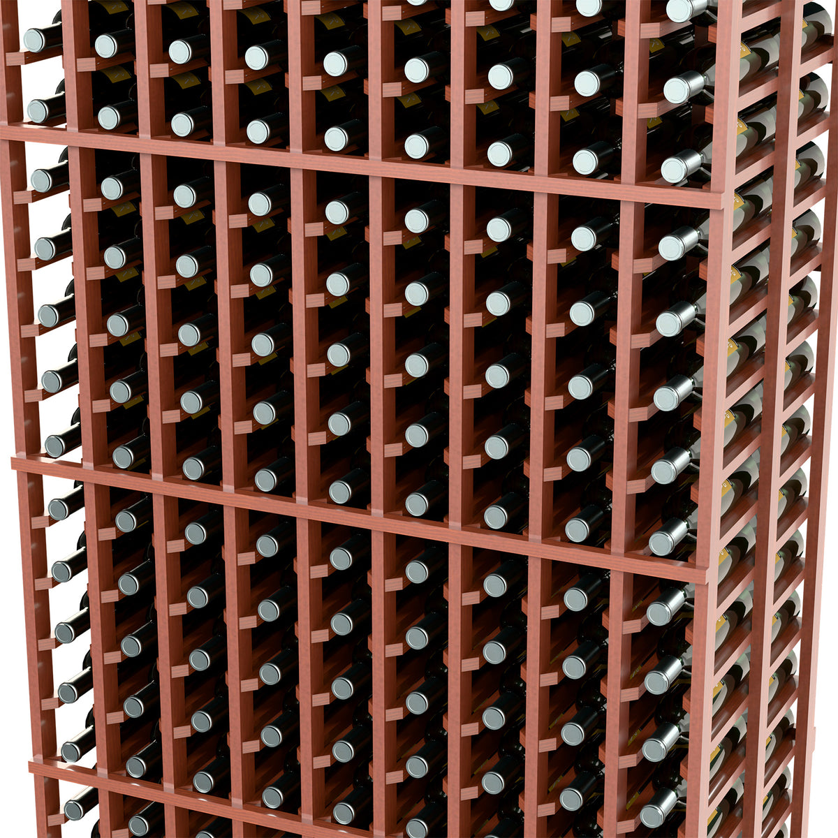 9-column double-deep wine rack close-up, reddish-brown bottle rows