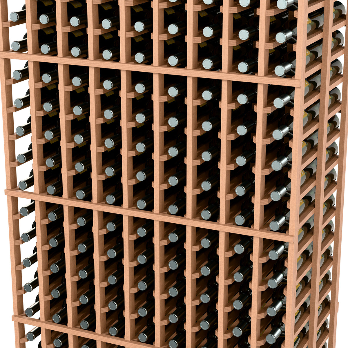 9-column double-deep wine rack close-up, light wood dividers and bottle rows