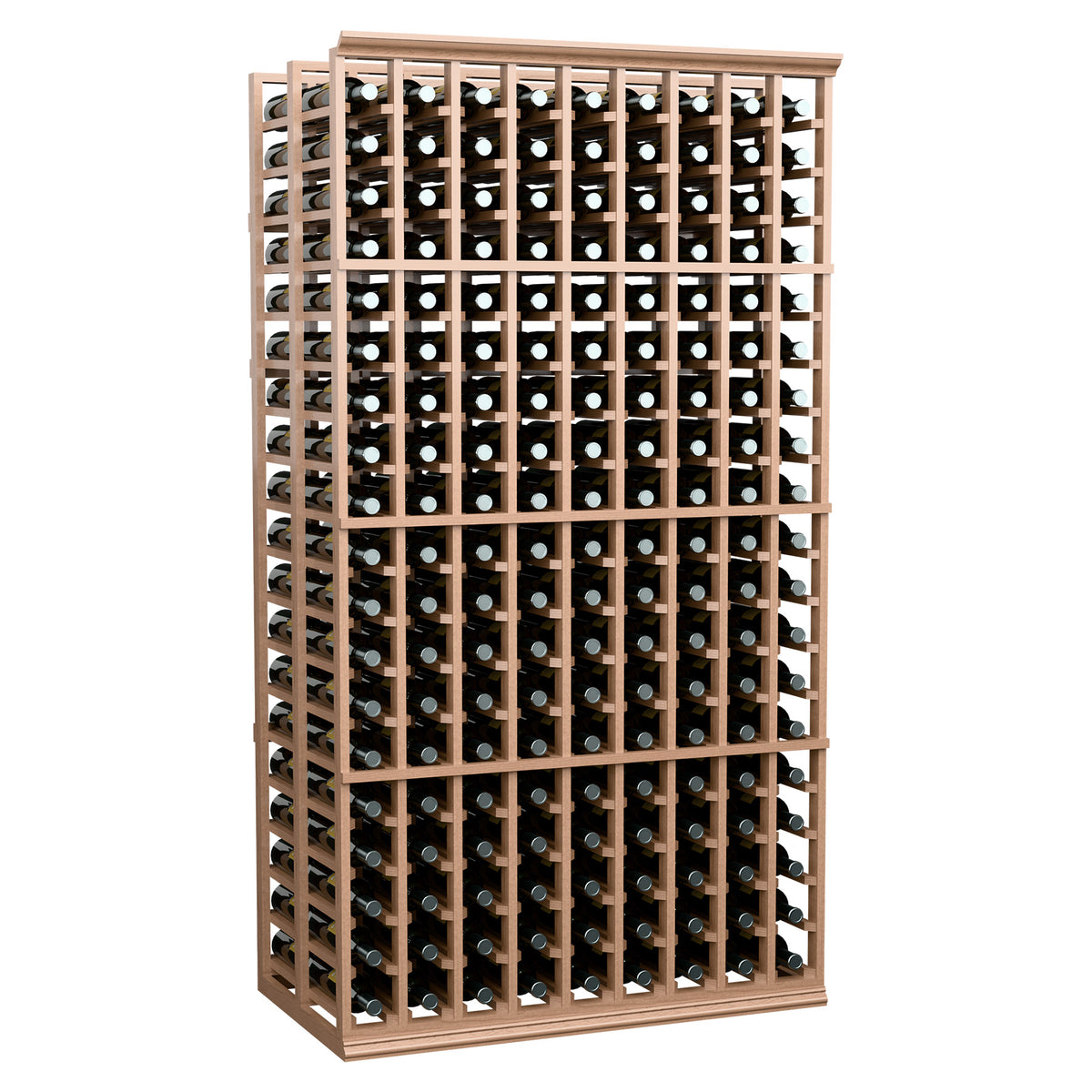 Wine bottle storage rack, 9-column double-deep, light wood frame with bottles visible.