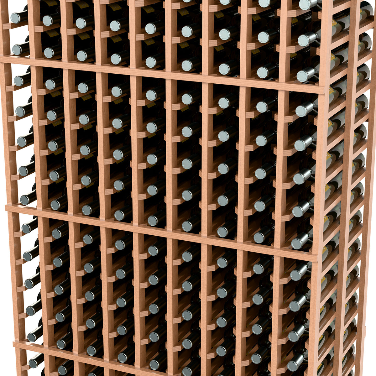 Wine bottle storage rack close-up, light wood slats holding bottles in 9 columns.