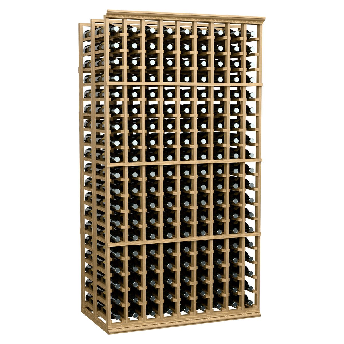 Wine bottle storage rack, 9-column double-deep, light wood with bottle tops facing out.