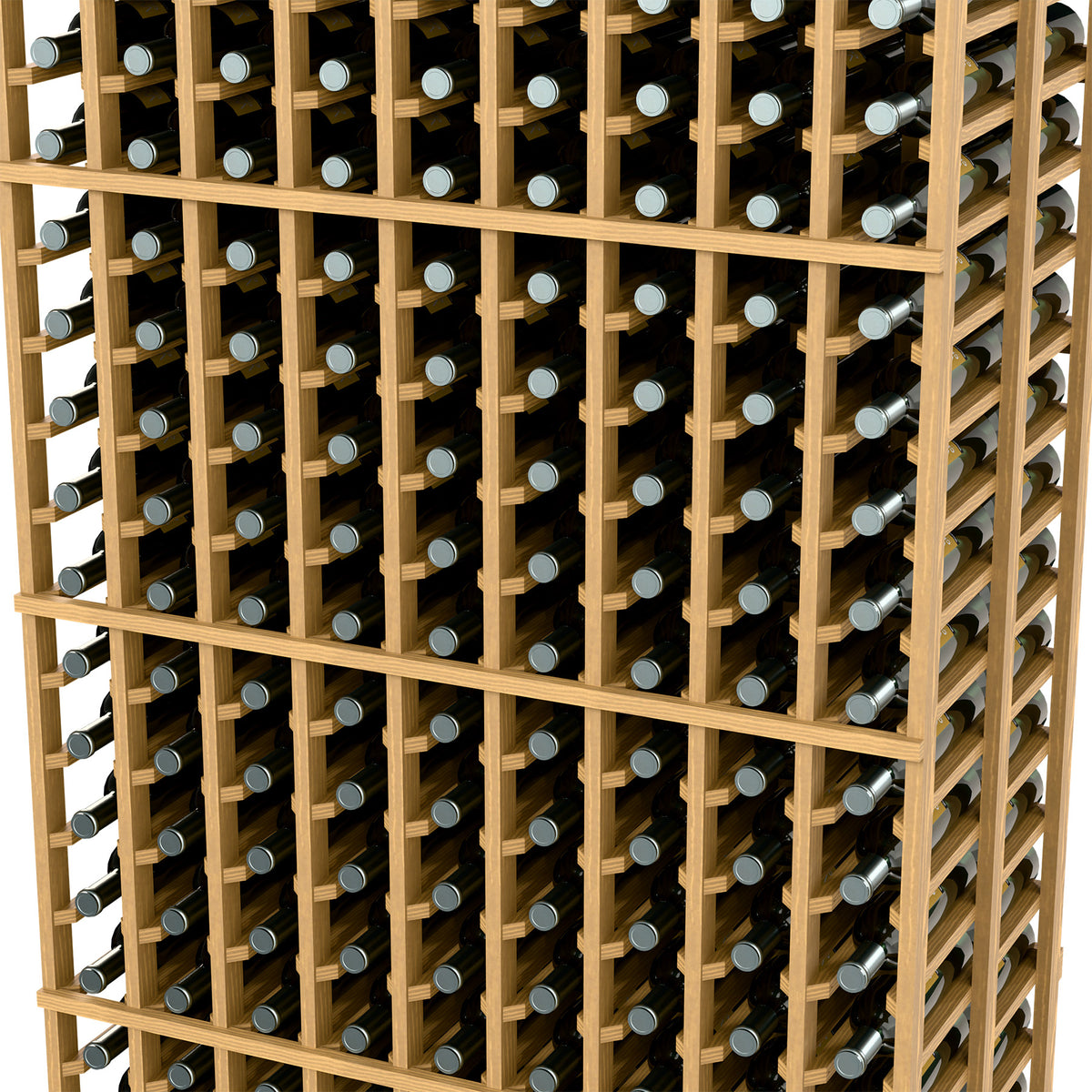Wine bottle storage rack close-up, light wood grid with bottles in rows and columns.
