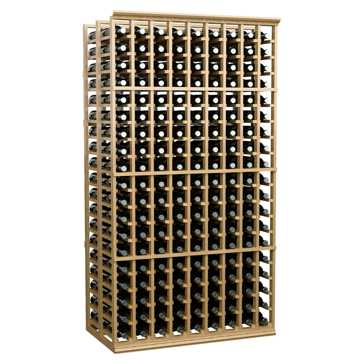Wine bottle storage rack, 9-column double-deep, light wood frame with many bottles.