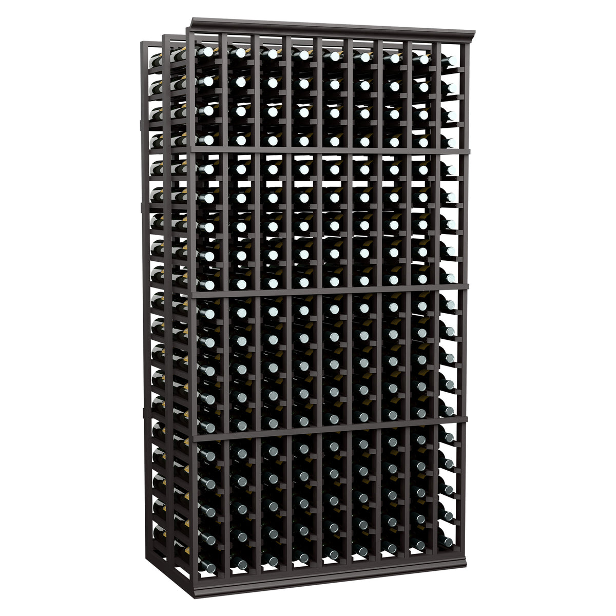 Wine bottle storage rack, 9-column double-deep, dark wood frame with bottles visible.