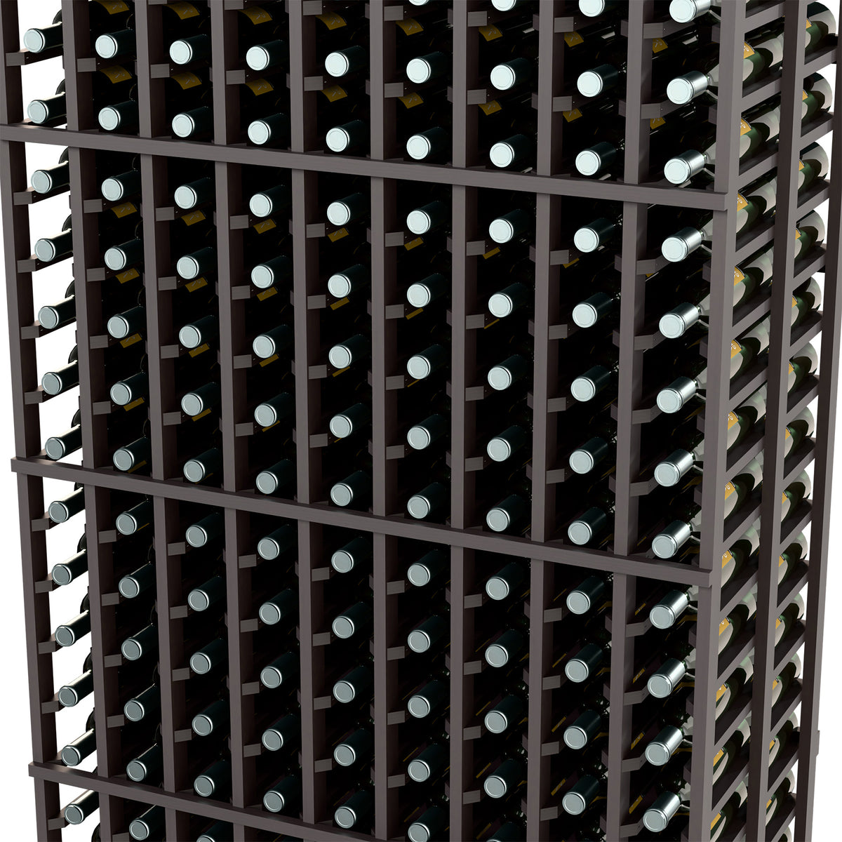 Wine bottle storage rack close-up, dark wood slats holding bottles in 9 columns.